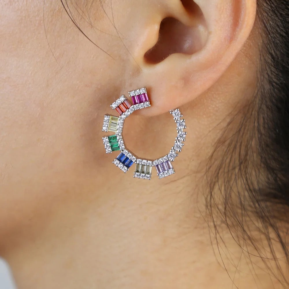 Rainbow cz geometric round circle earring