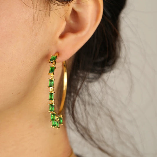 Emerald green drop cz rectangle cubic zirconia gold plated big hoop earring