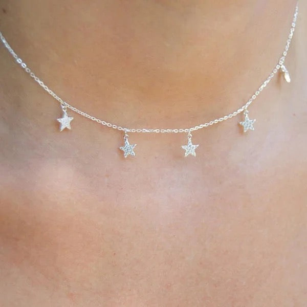 Pave cz star charm choker necklace