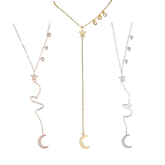 Moon star lariat long chain cz drop necklace