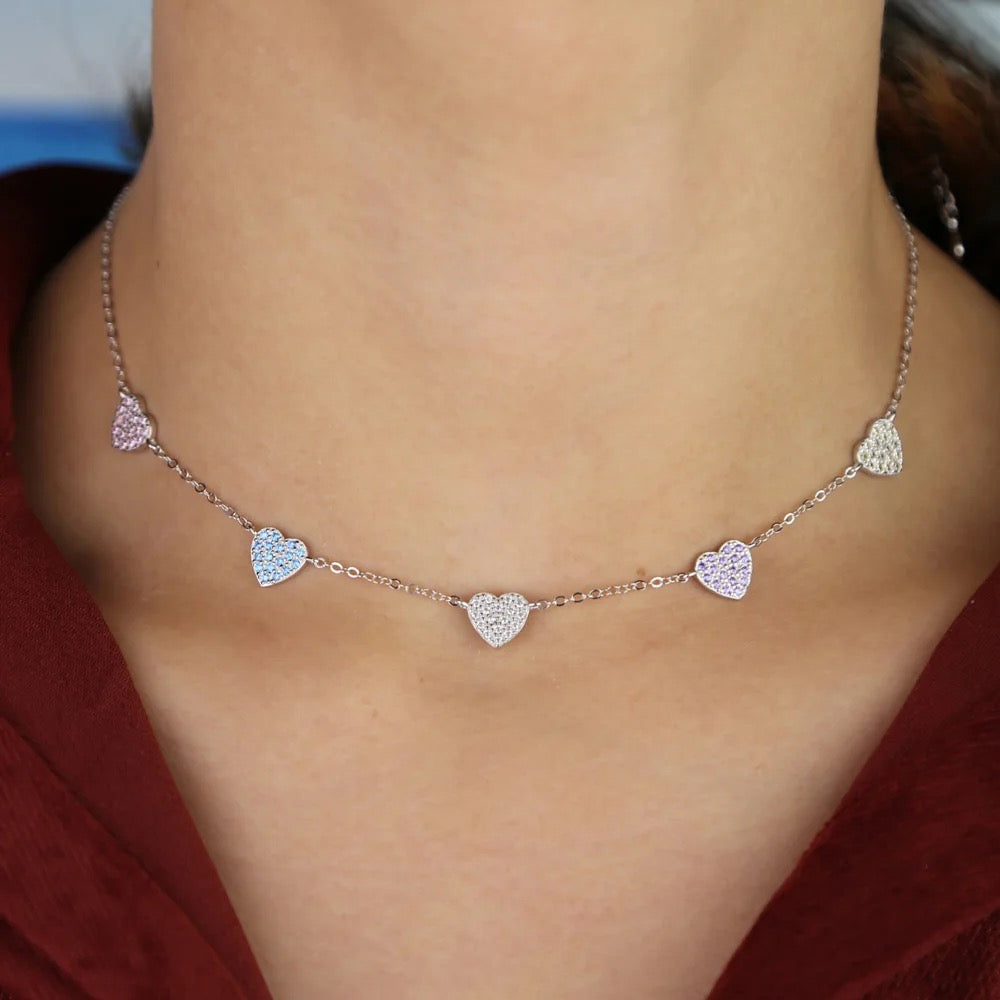 Vermail Heart necklace pastel colorful cz heart charm Collar Choker Fine silver jewelry