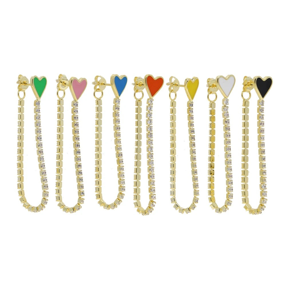 Tennis Chain, Long Chain Enamel Colorful Gold Plated Tassel Earrings