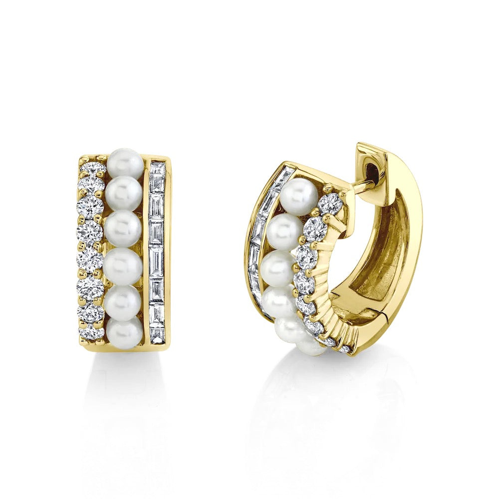 Micro pave zircon pearl rectangle ice out bling cz hoop earrings