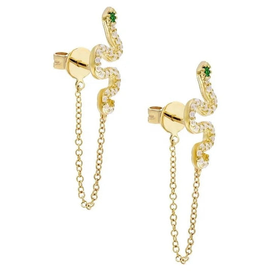 Gold plated cz women jewelry link chain tassel bling snake stud earring