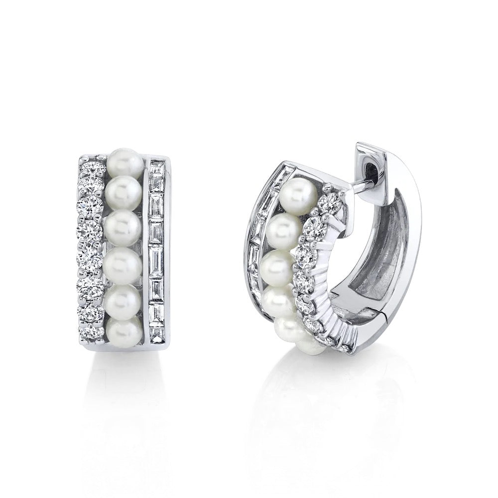 Micro pave zircon pearl rectangle ice out bling cz hoop earrings