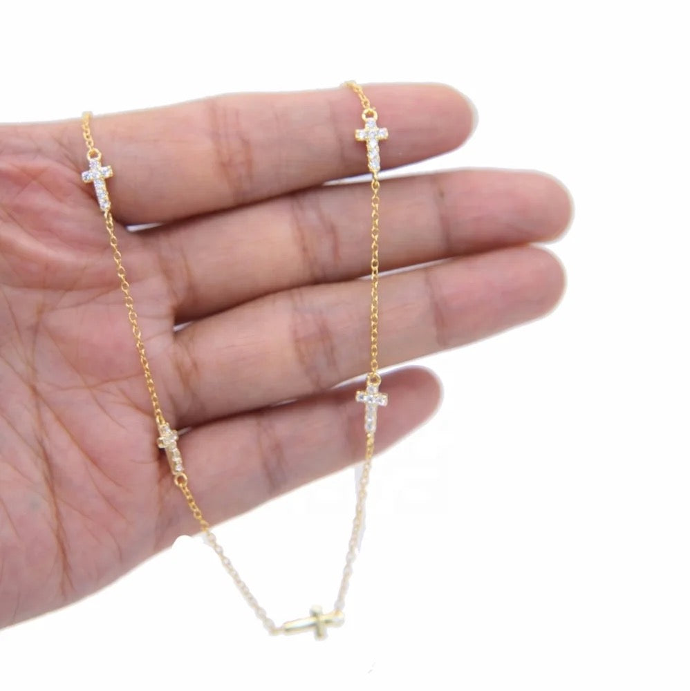 Cz cross delicate silver chain necklace