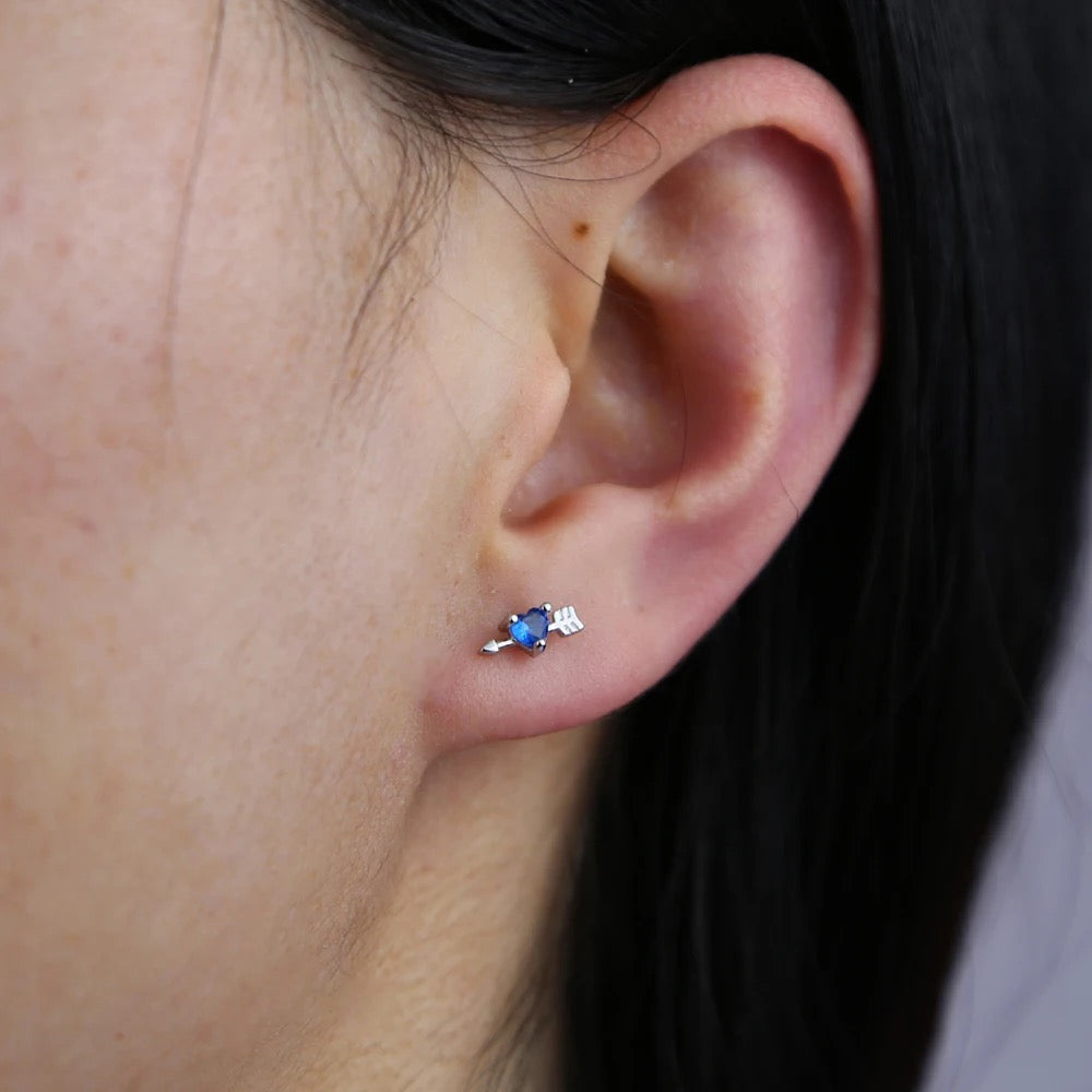 Tiny stud multi piercing blue heart arrow earring