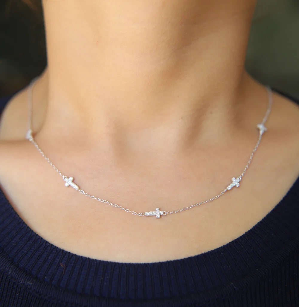 Cz cross delicate silver chain necklace