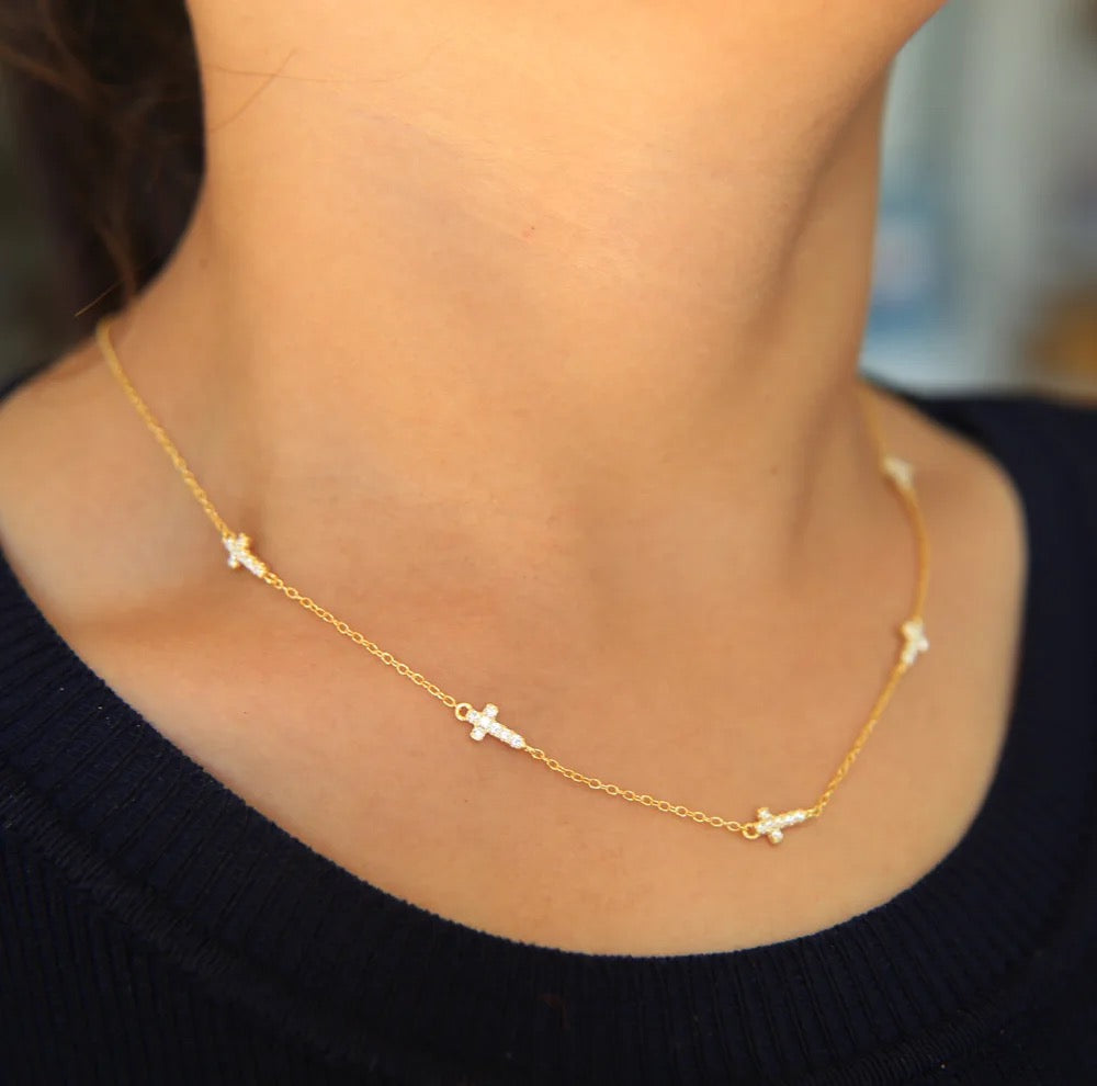 Cz cross delicate silver chain necklace