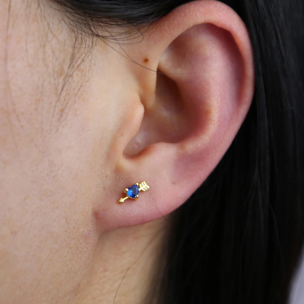 Tiny stud multi piercing blue heart arrow earring