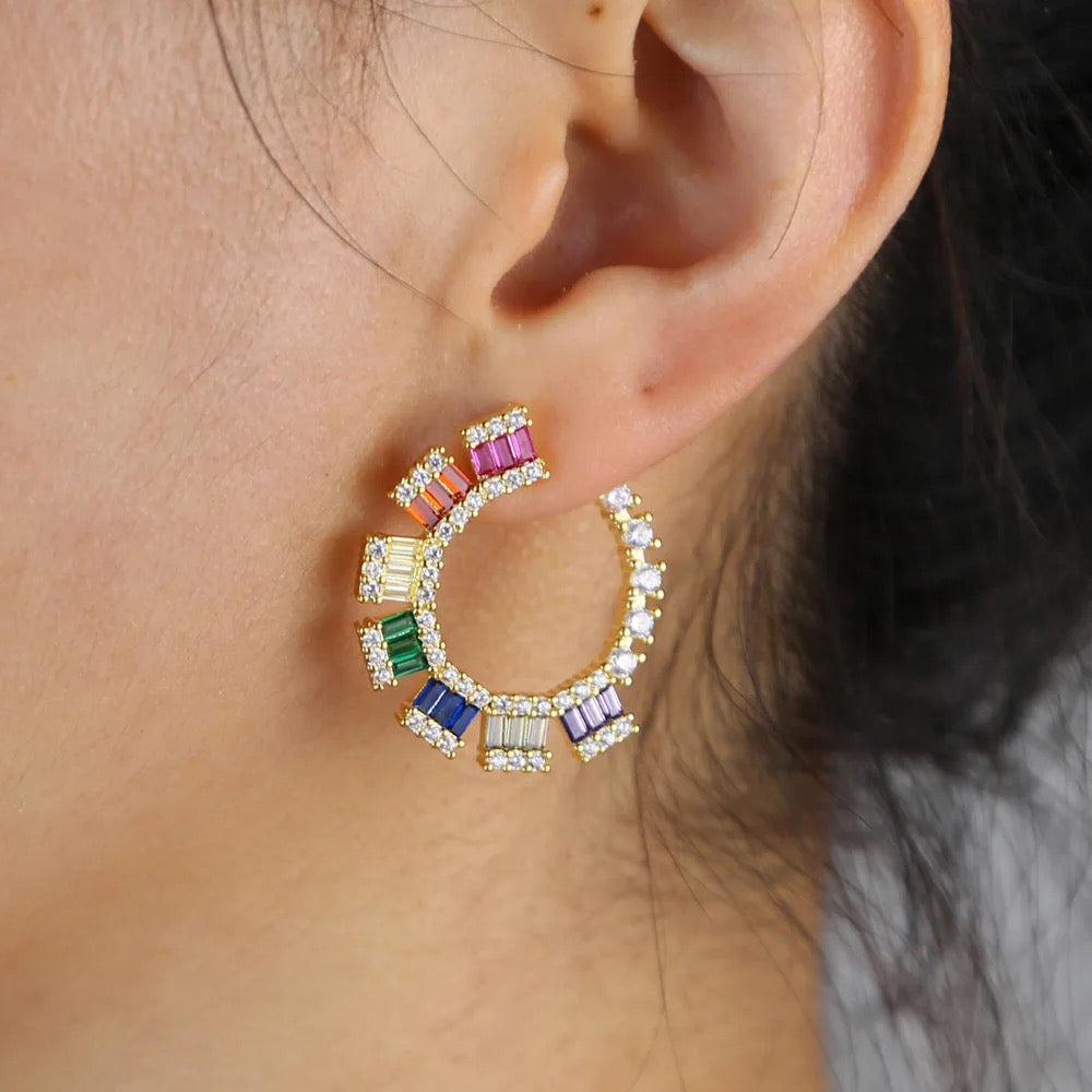 Rainbow cz geometric round circle earring