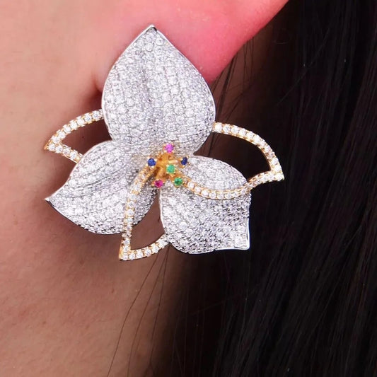 Bling colorful cz paved Big flower stud earring