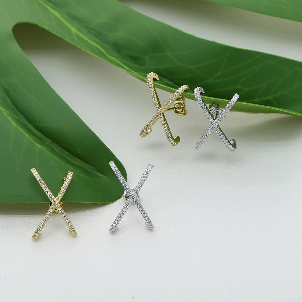  Micro pave cz gold silver plated crisscross X stud earring